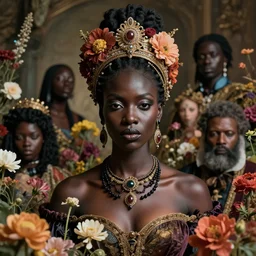 portrait of the black african queen of the underworld, surrounded by flowers by karol bak, james jean, tom bagshaw, rococo, sharp focus, trending on artstation, cinematic lighting, hyper realism, octane render, 8 k, hyper detailed.