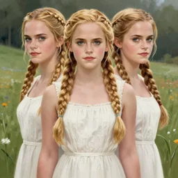 anya taylor - joy emma watson, symmetrical front view, long blond braided hair, white corsican dress, meadow background, highly detailed, digital painting, artstation, concept art, sharp focus, illustration, art by aleksi briclot, raphael lacoste, magali villeneuve