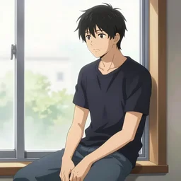 guy sitting in window, anime, detailed anime, manga anime, moebius,