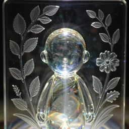 close up portrait of Iki the shining glass figurine, in empty space, embossed panel with leaves and flowers, carefully crafted, refracting light, caustics, light rays beaming through, epic 8k, Zeiss 75mm