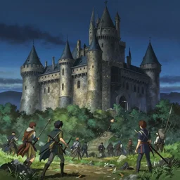a beautiful medieval castle at night, during a siege, in anime style highly detailed by Raphael Lacoste, greg rutkowski, makoto shinkai