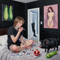 realistic painting of queer artist's bedroom with black walls, emo artist eating blackberries, knife, paint tubes, a liminal doorway to the future, zen, high black boots, pomegranate, a black pig, courgette, octopus, sensual, acrylic and oilstick on canvas