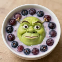 shreks face submerged in an acai berry yogurt bowl