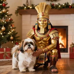 A Golden Aztec Warrior Petting his Shih Tzu on Christmas Morning, Warm, Fireplace, Colorful, Holiday