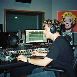 music producer artist in his studio recording songs with all his passion, 3 5 mm film photograph, studio lighting grainy groovy vibes, andy warhol style
