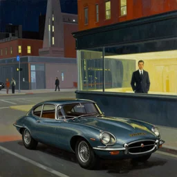 zdzisław beksinski painting, retro futuristic, edward hopper painting, blade runner 2 0 4 9, jaguar e - type, cinematic, harsh lighting