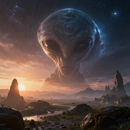celestial alien world landscape with a sunset on a rainy day, high detail, high definition, photorealistic, 8k