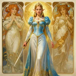 margot robbie as princess zelda, by stanley artgerm lau, greg rutkowski, alphonse mucha, concept art, character design, trending on artstation, rey tracing, epic fantasy, 8 k, 4 k, beautiful lighting, painting, rule of thirds, golden ratio, masterful composition, inspired by lord of the rings and mass effect