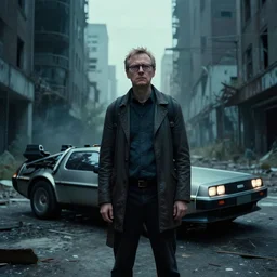 doc brown and the delorean in an abandoned city, ghost in the shell vibes