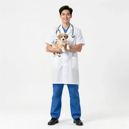 towering veterinarian holding a puppy, studio photography, full body, standing, isolated on a pure white background, centered, whole figure in frame, sharp focus, studio lighting