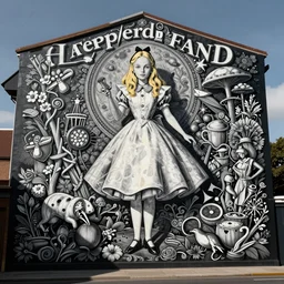 Alice in wonderland by Shepard Fairey, huge intricate detail mural