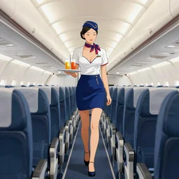 realistic drawing of a stewardess on an airplane wearing a bikini, walking away from the viewer, serving drinks down the aisle