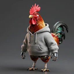 a portrait of a robotic rooster wearing a hoodie