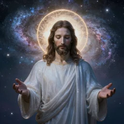 ethereal photo of Jesus, galaxies in the background