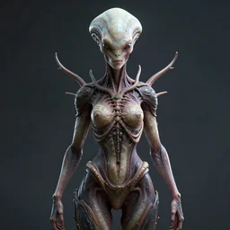 detailed, symmetrical, unique, strangely beautiful, female alien, highly detailed, 3d, sci-fi, maximum complexity, awe