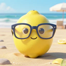 3d render of a lemon on the beach wearing glasses
