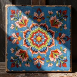 beautiful colorful slavic floral pattern painted in acrylic on reclaimed wood