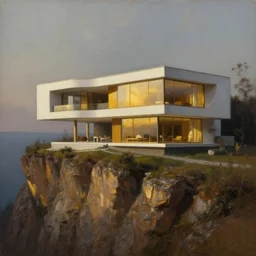 beautiful oil matte portrait painting, modern house on top of a cliff designed by zaha hadid, wonderful masterpiece highly detailed, beautiful cinematic light deep focus, elegant, digital painting, smooth, sharp focus, golden ratio, dramatic illumination, ultra realistic, 8 k, art by artemisia lomi gentileschi and caravaggio