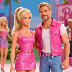 a movie still of margot robbie as barbie. ryan gosling as ken doll. on the set of the new barbie movie.