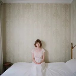a lonely girl in a liminal hotel room, baroque wallpaper, film still by wes anderson, depicted by balthus, limited color palette, very intricate, art nouveau, highly detailed, lights by hopper, soft pastel colors, minimalist