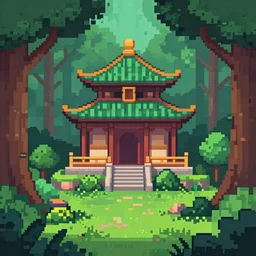 temple hidden within the forest ancient magic, pixel art
