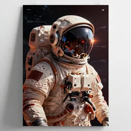 a poster design of a single cyberpunk astronaut wearing headphones in space, universe, cyberpunk, warm color, Highly detailed labeled, poster, peter mohrbacher, featured on Artstation