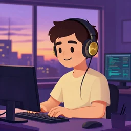 friendly avatar computer programmer working late at night sunset outside window headphones terminal artstation purple and gold
