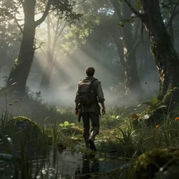 an adventurer walking in a misty swamp, melancholic atmosphere, morrowind, artstation, great level of detail