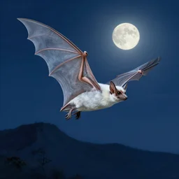 a white bat, flying against a night sky, mountain in the background, moonlight, denoised, very detailed, painted by james gurney, norman rockwell, tom bagshaw