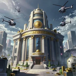 Wide angle Concept Art of neo-Tokyo Maximum Security Mint Bank, in the Style of Akira, Anime, Dystopian, Cyberpunk, Crypto Valut, Helicopter Drones, 19XX