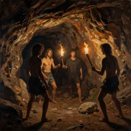 stone age rave in a cave. torchlight, dark, sharp shadows. painting by peder balke.