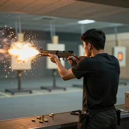 a man shooting a machine gun in a shooting range, guns blazing, bullets flying, bullets hitting target, bullets ricocheting