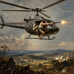 Jesus Christ as Rambo hanging from a helicopter and shooting a gun ,Caravaggio