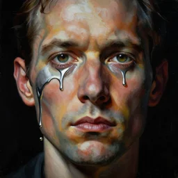 a dark close - up portrait painting of a scientists face dripping in chrome silver liquid mercury. deep colors, black background. highly detailed science - fiction painting by norman rockwell, moebius, frank frazetta, and syd mead. rich colors, high contrast. artstation