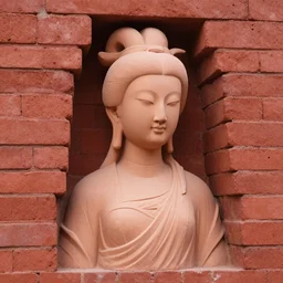 a beautiful asian goddess portrait, sculpture, emerging from the red bricks of an ancient temple, vines, overgrown and cracked wood