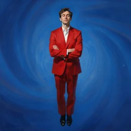 A beautiful conceptual art of a man in a red suit with a blue background. The man's eyes are closed and he has a serene, content look on his face. His arms are crossed in front of him and he appears to be floating in space. The blue background is swirling with geometric shapes and patterns.  by Clive Madgwick bleak, rigorous