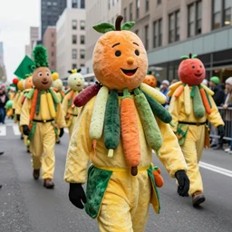 a parade of stuffed fruits and vegetables marching down 5 th ave manhattan on st. patrick's day, 8 k, photo realistic, extremely life like