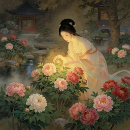 ancient fantasy garden at night, beautiful woman caring for peonies, beautiful face, natural pose, pond, ethereal warm light, mist, fantasy world, coherent composition, rule of thirds, detailed fantasy painting, yuumei, noriyoshi ohrai, ( ( rolf armstrong ) )