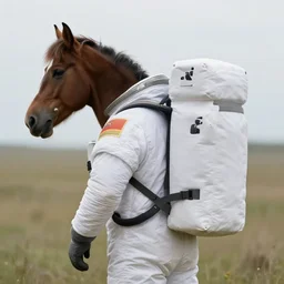 extremely realistic photo of an astronaut carrying a horse in his backpack