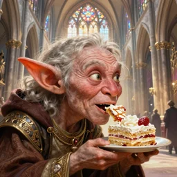 closeup profile portrait of a medieval goblin eating cakes in the cathedral, hyung tae, frank frazetta, hyper realistic, artstation, illustration, digital paint, matte paint, vivid colors, bright, cheerful, detailed and intricate gothic environment