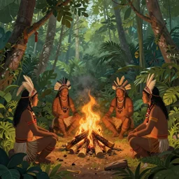 a beautiful matte painting of an indigenous tribe around a fire in the jungle, fantasy art, matte painting