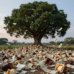 under a grand arch of huge lush tree, on the floor massive piles half eaten rotting fast food, money thrown and floats in the air, hyper realistic photo, dusk, full colour, upscale, 8 k, masterpiece,