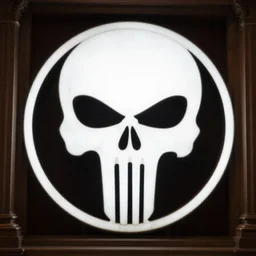looking within the dimly lit masonic temple, punisher symbol in the form of a masonic tile floor mosaic in the form of punisher symbol in spotlight