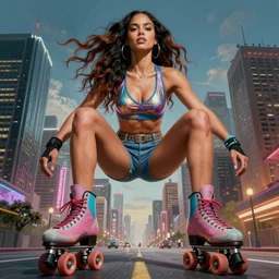 gorgeous!! hyper - realistic giant woman resembling ana de armas as bulma on roller skates destroying a city | drawn by artgerm, drawn by wlop, drawn by jeehyung lee | intricate, high detail, ultra graphics, photorealistic, symmetrical, cinematic