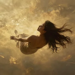 a pretty young Filipino woman with long hair floats dramatically in the air in a dreamy world in the distance, her face is in shadow, eyes closed, very beautiful, inspiring, hopeful, dramatic lighting, golden colors,  abstract digital art, trending on artstation