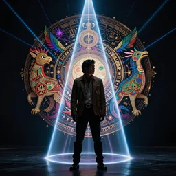 a chicano, an indigenous young man standing in a cone of laserlight. dramatic laser lighting, intricate detailed, alchemy hermes trismegistus, haute couture, symbolism, science fiction art, surreal object photography, alebrijes, strong silhouette, fantasy, intricate, elegant, mucha, detailed, trending, art