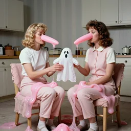 1985 two women in a vintage kitchen wearing an inflatable long prosthetic snout nose made of gooey pink slime, soft color wearing stripes sitting on chairs covered in soft fabric, pink slime everywhere, grey striped walls, studio lighting 1985 color film archival footage holding a hand puppet that looks like Caspar the Friendly Ghost, 16mm John Waters Russ Meyer Cassavetis Doris Wishman
