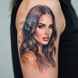 double exposure effect tattoo sketch of megan fox faded with a beautiful mountain scenery, in the style of matteo pasqualin, amazing detail, sharp