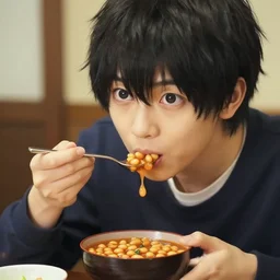 Reigen Arataka eating baked beans, photorealistic, post-processing, digital art