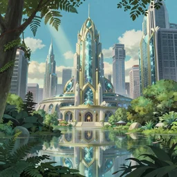 Horizontal view, big city, animation concept art, Breath of the wilde, studio ghibli style, Clear reflection, A Luxury Monumental Futuristic city in Art Nouveau Architecture, Crystal clear, sun rays:1.5 Lush vegetation with ferns, miyazaki, Craig Mullins dappled lighting, octane render, cinematic, photographic, realistic, highly detailed